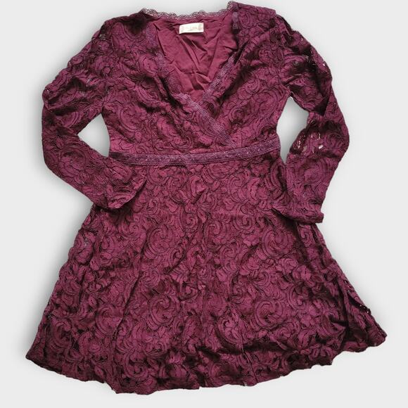 Altar'd State Calysta Burgundy Floral Lace Embroidered Long Sleeve Mini Dress XS - Picture 1 of 6